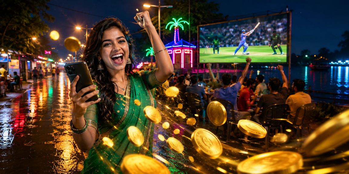 A user betting on cricket under neon lights on the winbd platform in Bangladesh